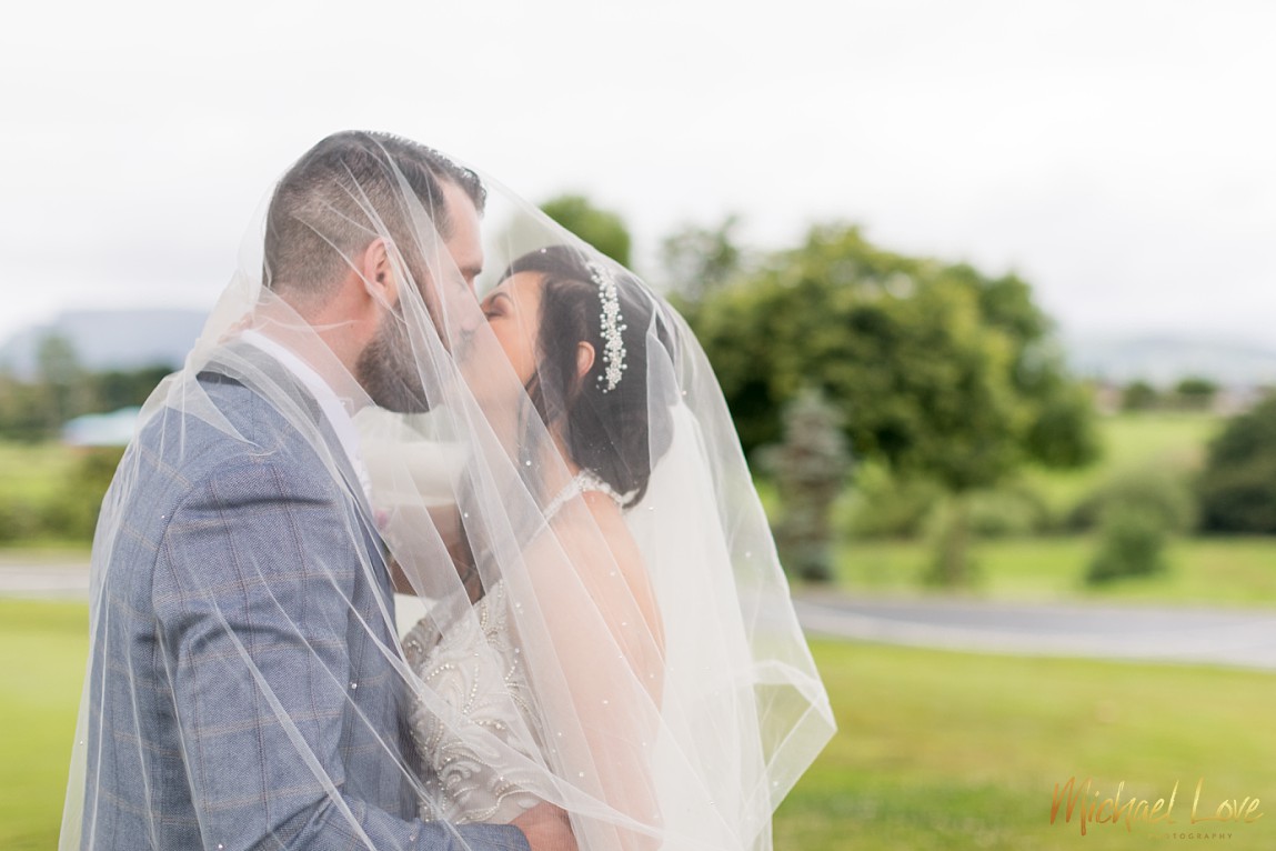 Wedding couple kissing under bride's veil
