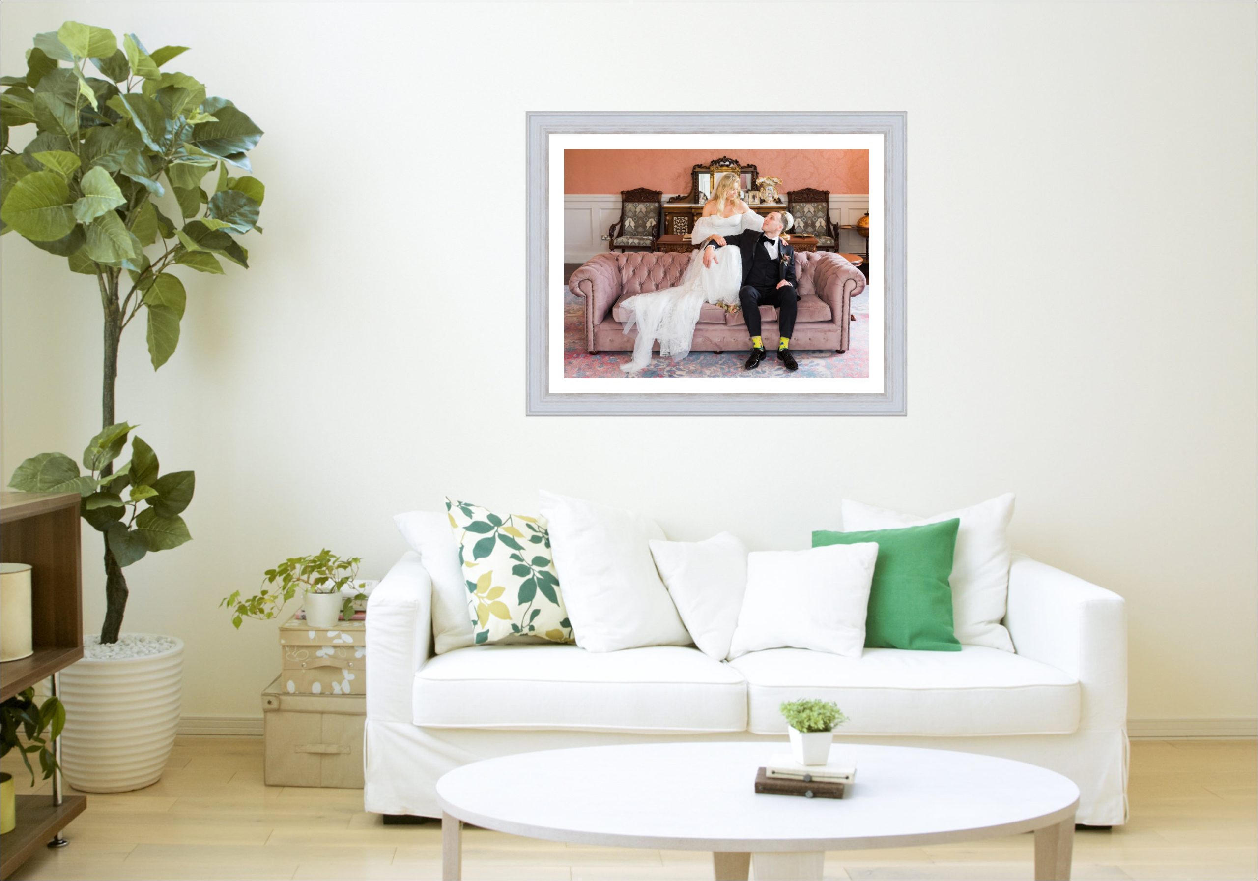 Framed wedding photo in a living room